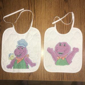 2 New handmade Barney baby bibs